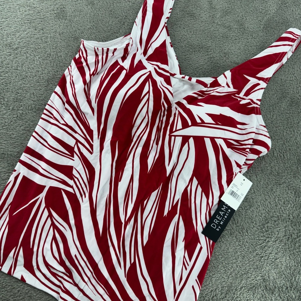 Dreamsuit by Miracle Brands Tankini Top Womens 12 Red White NEW Palm Print 67422